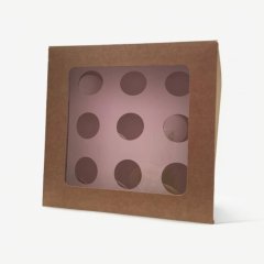 Коробка на 9 капкейков с прямоугольным окном крафт 23,5х23,5х10 см 040861