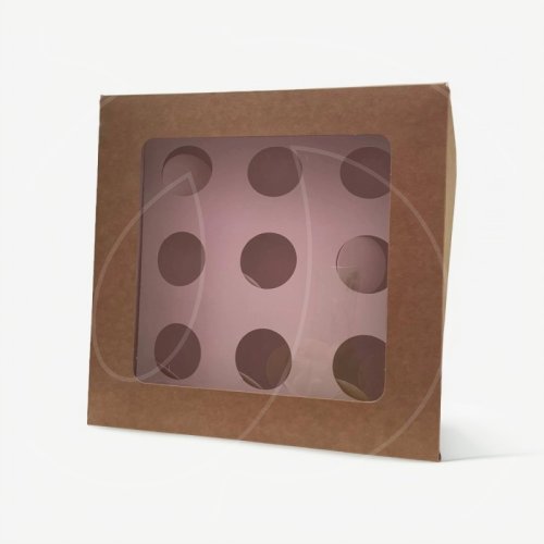 Коробка на 9 капкейков с прямоугольным окном крафт 23,5х23,5х10 см 040861
